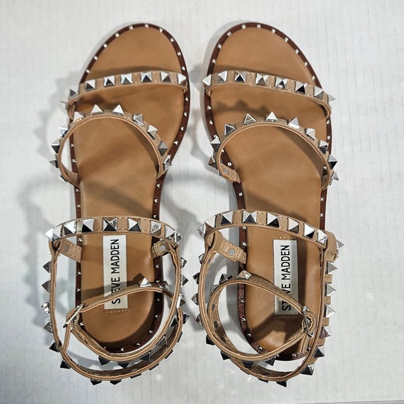 Steve Madden Beige‎ Travel Pyramid Studded Strappy Flat Sandal Size 6.5 - Picture 6 of 11